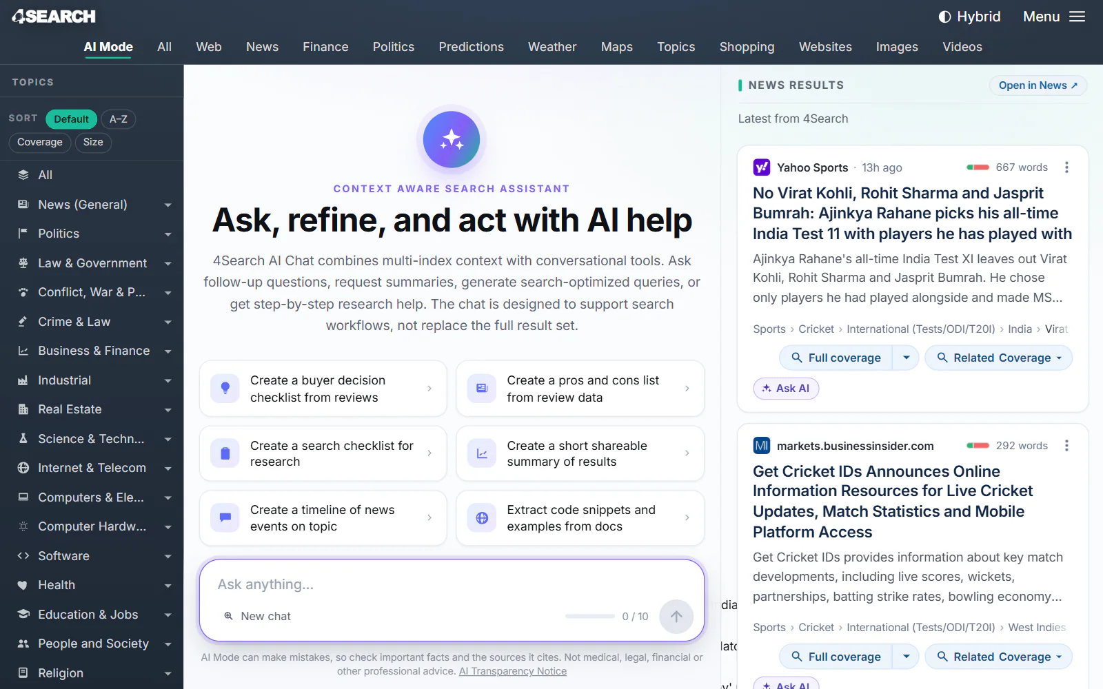 AI Mode before the first question: the AI Mode tab, starter questions, the message box with its message counter, and the latest news results in a column on the right